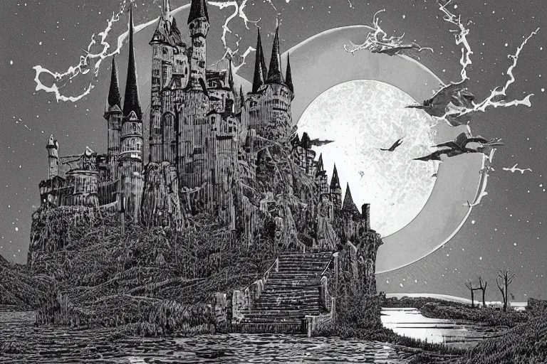 Image similar to draculas castle upon a thin spire by dan hillier by moebius