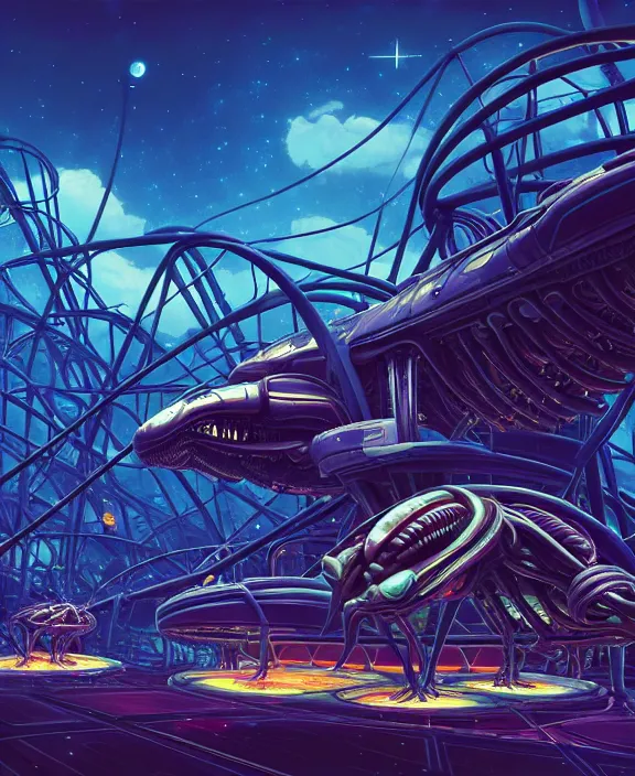 Image similar to a roller coaster made out of alien creatures, biological, in the style of an asymmetrical spaceship, surrounded by fireflies, somber, by dan mumford, yusuke murata, makoto shinkai, ross tran, cinematic, unreal engine, cel shaded, featured on artstation, pixiv