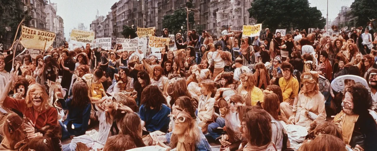 Prompt: hippies protesting spaghetti, 1 9 6 0's, high detailed face, realistic faces, small details, intricate, canon 5 0 mm, wes anderson film, kodachrome