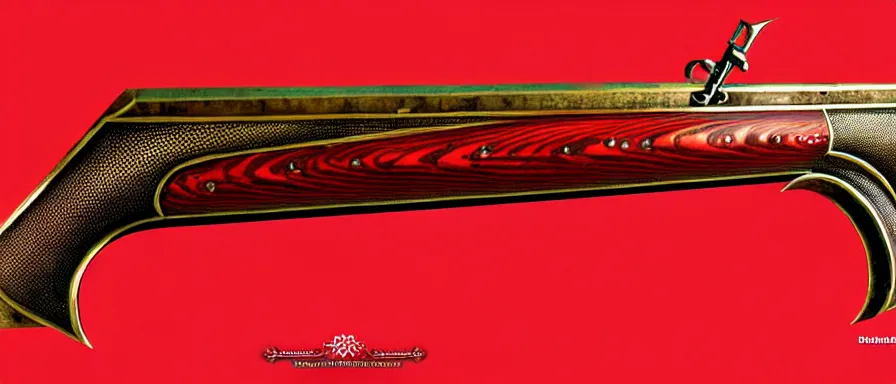 Image similar to a magical antique sawed - off double - barreled shotgun made from glossy red - painted wood and elements of gold metalwork, video game concept art