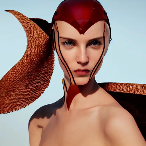 Image similar to dune inspired avant-garde art, deco fashion, highly detailed, photorealistic portrait, white studio setting, studio lighting, crisp quality and light reflections, unreal engine 5 quality render