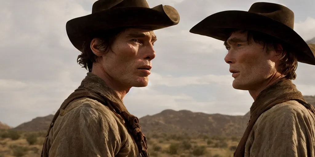 Prompt: rugged bandit cillian murphy in the old west, choking a cowboy, volumetric lighting, cinematic, dark, grim. directed by coen brothers.