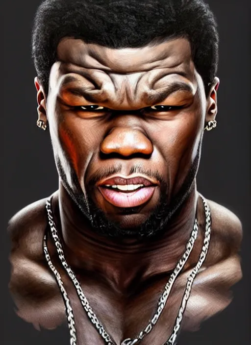 Prompt: Portrait of 50 cent ((((screaming)))), D&D, muscular, fantasy, intricate, elegant, highly detailed, digital painting, artstation, concept art, smooth, sharp focus, illustration, art by artgerm and greg rutkowski and alphonse mucha