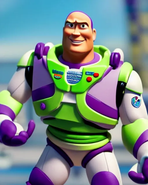 Image similar to Film still close-up shot of Dwayne Johnson as Buzz Lightyear in the movie Toy Story 3. Photographic, photography