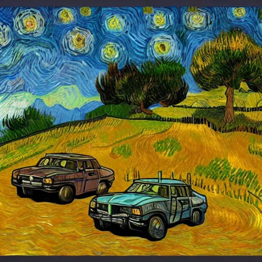 Image similar to grand theft auto ( gta ) landscape in the style of vincent van gogh, trending on artstation