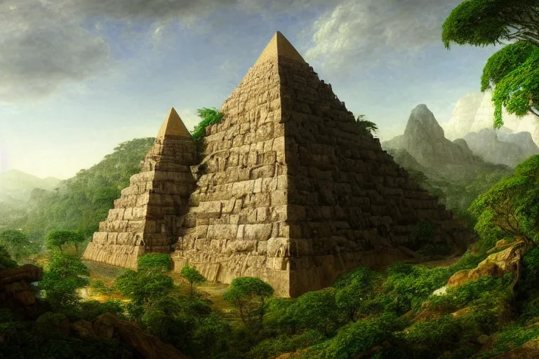 Prompt: a beautiful and highly detailed digital painting of a stone pyramid in the centre of a massive lush mountainous jungle, intricate details, epic scale, hyperdetailed, hyperrealism, artstation, cgsociety, 8 k, sharp focus, by caspar friedrich, albert bierstadt, james gurney,