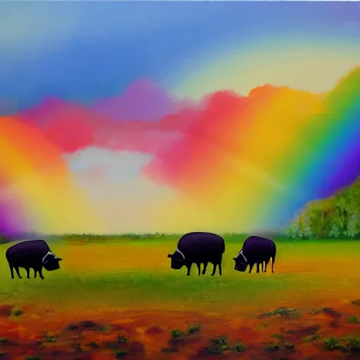 Prompt: buffalos grazing a field of umbrellas with a waterfall and a rainbow in the background, oil on canvas