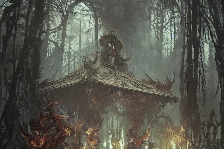Image similar to painting of an demonic shrine in the grim, forest, concept art, intricate details, eerie, highly detailed, photorealistic, octane render, 8 k, unreal engine. art by artgerm and greg rutkowski and alphonse mucha