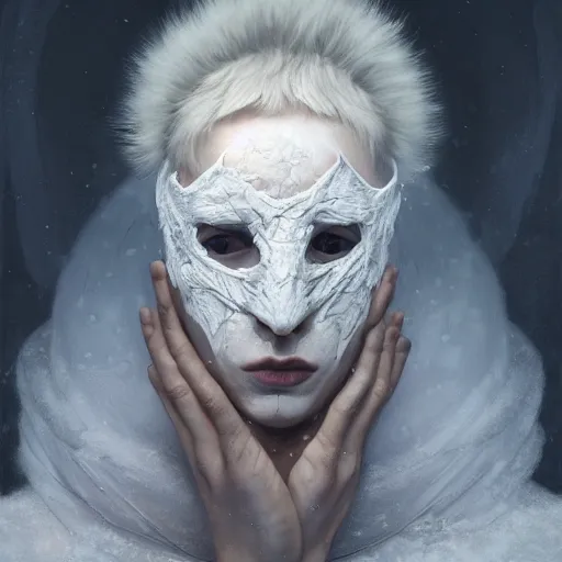 Image similar to an epic concept art of young man wearing black fabric mask, albino skin, winter vibes, elegant, very coherent symmetrical artwork, by tomasz alen kopera and alphonse mucha, sharp focus, octane render, unreal 5, trending on artstation