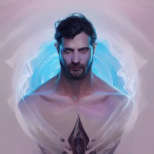 Prompt: bioluminescence portrait of a male wizard of the ice, muscle, D&D, fantasy, elegant, pale, highly dvetailed, digital painting, artstation, concept art, smooth, sharp focus, illustration, art by artgerm and greg rutkowski and alphonse mucha