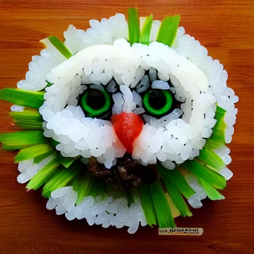 Prompt: an owl made of sushi,photorealistic