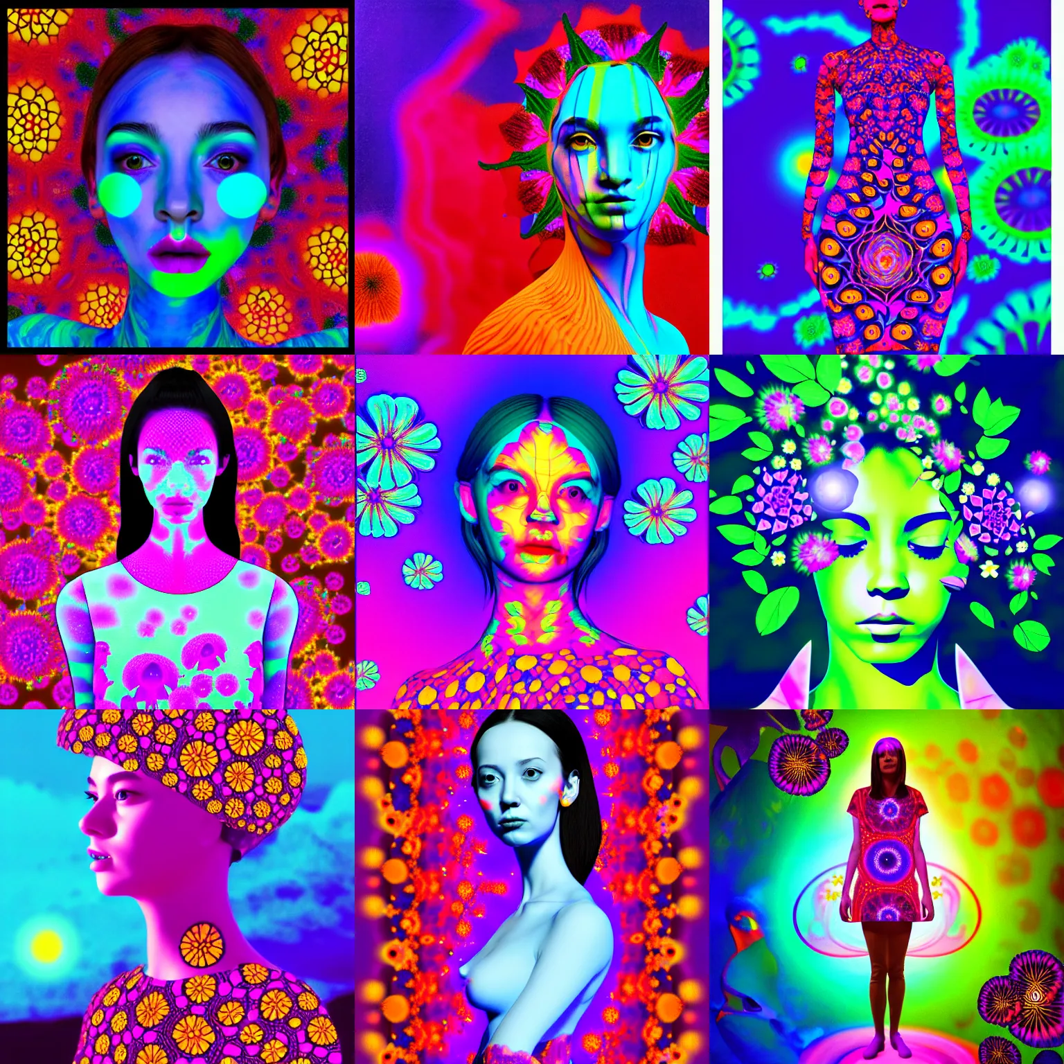 Prompt: ai - generated art, generated by an ai image generator who read this caption. tags : detailed, psychedelic, self - aware, design your own avatar, lady with glowing flowers dress, matte painting, trending on artstation