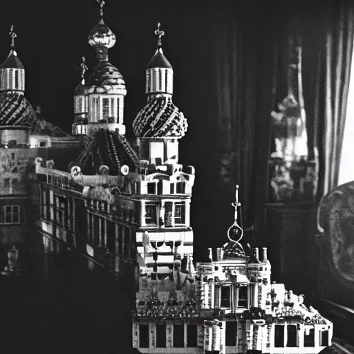 Prompt: ivan the terrible in his palace in moscow play with lego castle, kodak, old photo, black and white, film, wide lens, 1 6 mm,