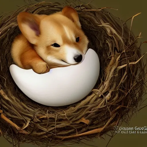 Prompt: concept art of a baby corgi sleeping in an egg in a nest, anne geddes