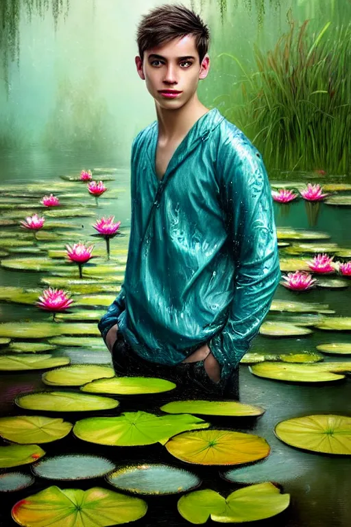 Image similar to light teal portrait of a young man in the rain on pond with waterlilies, fantasy, intricate, elegant, dramatic lighting, emotionally evoking symbolic metaphor, highly detailed, lifelike, photorealistic, digital painting, artstation, concept art, smooth, sharp focus, illustration, art by John Collier and Albert Aublet and Krenz Cushart and Artem Demura and Alphonse Mucha