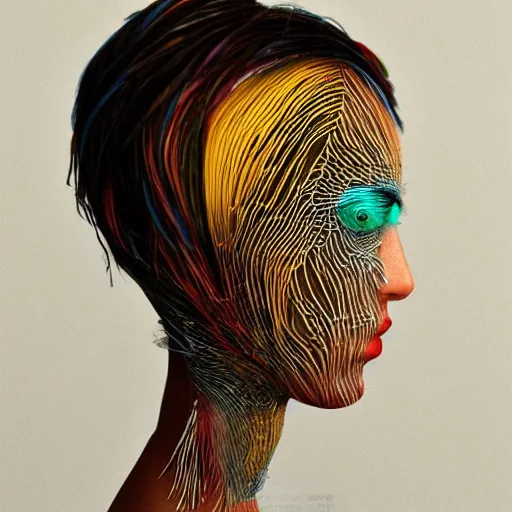 Image similar to hyper realistic woman with a weird head piece on her head, made of paperclips, made of insects, made of feathers, hybrid, bold natural colors, panfuturism, masterpiece, trending on artstation, photograph