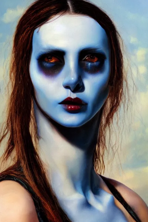 Image similar to hyperrealism oil painting, close - up portrait of european medieval brunette vampire fashion model, knight, steel gradient mixed with nebula sky, in style of baroque