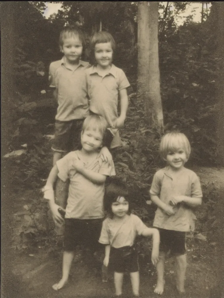 Image similar to two kids posing for a picture at night, god light, small village, town square, vegetation, 1 9 7 0 s, polaroid