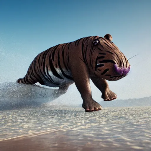 Image similar to a closeup photorealistic photograph of a cute stylish tiger hippo playing volleyball at the beach during sunset. Surf in the background. This 4K HD image is Trending on Artstation, featured on Behance, well-rendered, extra crisp, features intricate detail and the style of Unreal Engine.