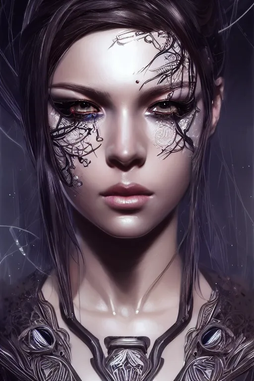 Prompt: beautiful female android in distress!, black shiny eyes, half portrait, background explosion, intricate detailed environment, floro details, intricate, elegant, highly detailed, digital painting, artstation, concept art, smooth, sharp focus, illustration, art by artgerm and brian sum