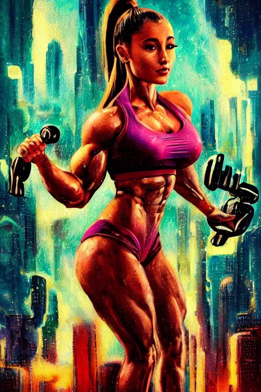 Image similar to body builder, extremely muscular ariana grande, in the style of johan grenier and john picacio and alan m. clark, trending on artstation, bioluminescence tilt - shift blade runner 2 0 4 9, crayon art, futuresynth, splash art, post - minimalism