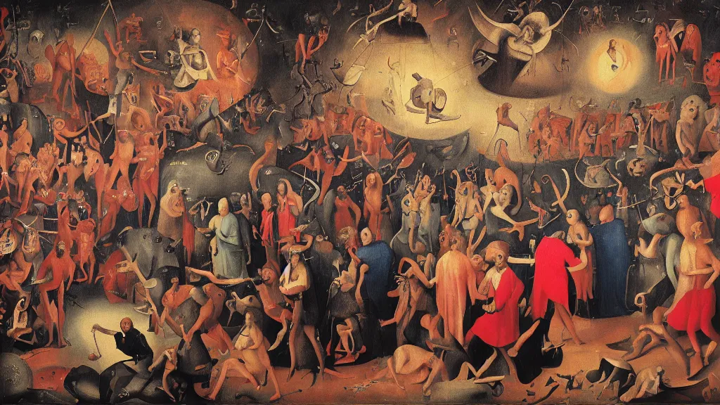 Prompt: A Jeopardy-style retro game show hosted by Satan in a colorful suit, being recorded before a studio audience in the middle of Hell, in the fashion of Hieronymus Bosch, oil on canvas, painting, 4k, wide shot