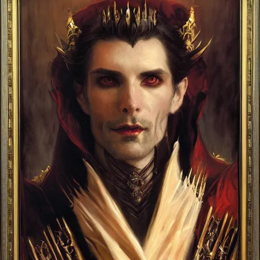 Image similar to perfectly centered portrait of attractive vampire king in a robe sitting on a throne of bones, highly detailed painting by gaston bussiere, craig mullins, j. c. leyendecker, 8 k