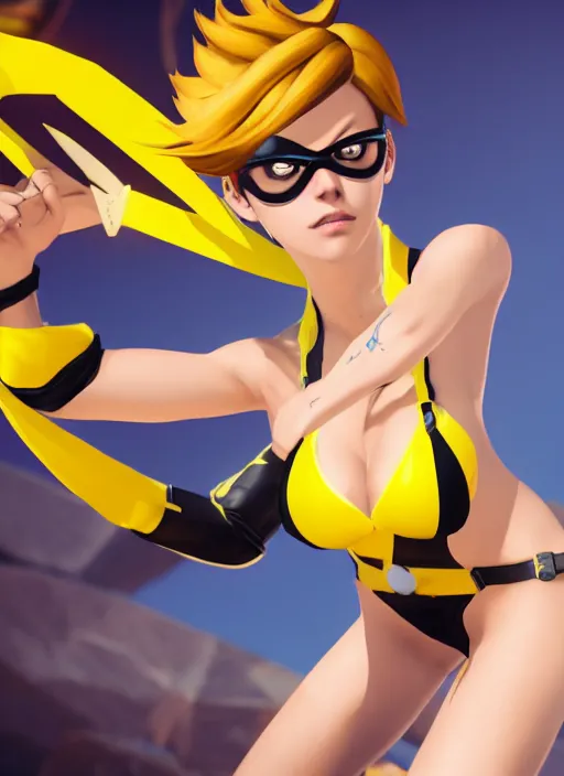 Image similar to tracer game character, in yellow bikini, blonde hair, black eyes, full height