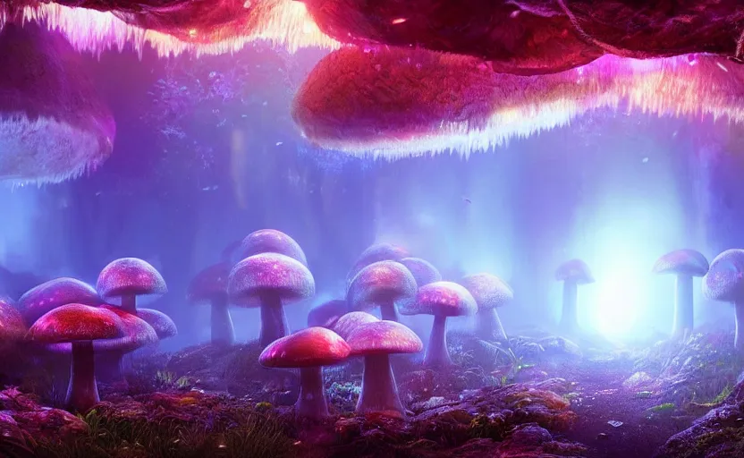 Image similar to a beautiful and stunning professional digital artwork of a glowing mushroom cave, haze, spores floating in the air, waterfall, volumetric lighting, hyperrealistic, rtx on, ultra detail