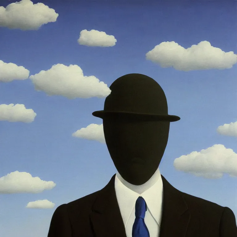 Image similar to portrait of a faceless shadow - head man in a suit, clouds in the background, by rene magritte, detailed painting, distance, centered, hd, hq, high resolution, high detail, 4 k, 8 k