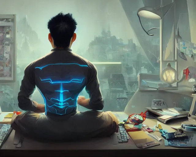 Image similar to an insanely detailed painting of a nerdy asian man wearing a superhero costume, sitting at a desk, staring at the nervously at the computer and typing, in the style of peter mohrbacher, dramatic lighting and composition, octane render, pixar, trending on artstation, concept art, comic book, view from behind