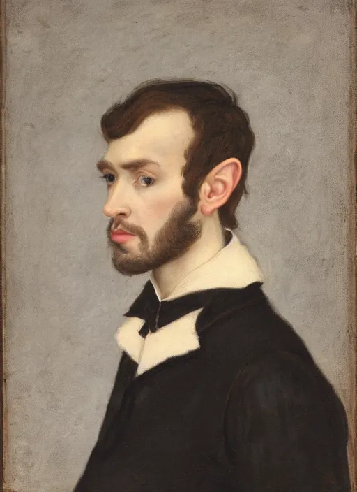 Image similar to portrait of handsome young elf with brown eyes brown hair and a short neat beard by charles angrand, only one head single portrait, pointy ears, wearing a black leather collared jacket