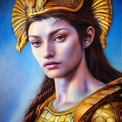 Image similar to hyperrealistic mixed media painting of beautiful goddess Athena, stunning 3d render inspired art by P. Craig Russell and Barry Windsor-Smith, perfect facial symmetry, dim volumetric lighting, 8k octane beautifully detailed render, post-processing, portrait, extremely hyper-detailed, intricate, epic composition, brown eyes, realistic realistic realistic eyes, cinematic lighting, masterpiece, trending on artstation, detailed detailed detailed, masterpiece, stunning