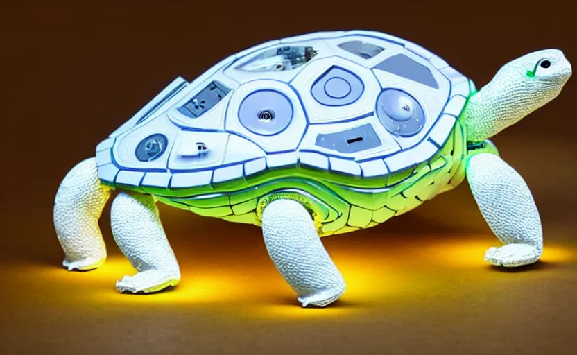 Image similar to artificial Intelligence turtle with its shell made out of modular-synth dials and knobs with a small AMOLED display, LED light accents, sleek design by apple, triple white colorway, modular-synth, VST, 4k, 33mm, high quality photo,