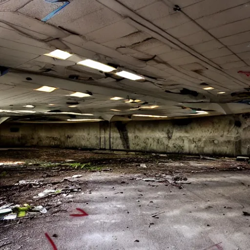 Image similar to Abandoned shopping mall, urbex photo. Low lighting, graffiti.