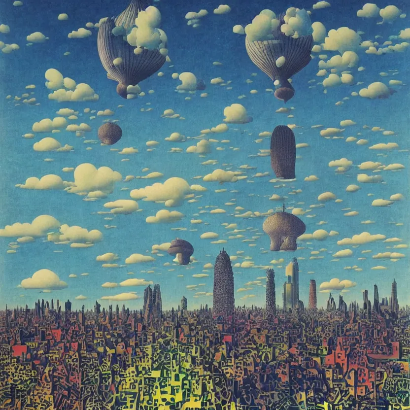 Image similar to surreal glimpse into other universe, mahanakorn tower with airship floating sky, summer morning, very coherent and colorful high contrast, art by! rene magritte! paul klee geof darrow, volumetric lighting, cinematic, floralpunk screen printing woodblock, dark shadows, hard lighting, stipple brush