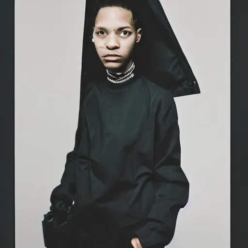 Image similar to realistic photoshooting for a new vetements lookbook, color film photography, photo of a woman, photo in style of tyler mitchell, 3 5 mm, featured on vogue