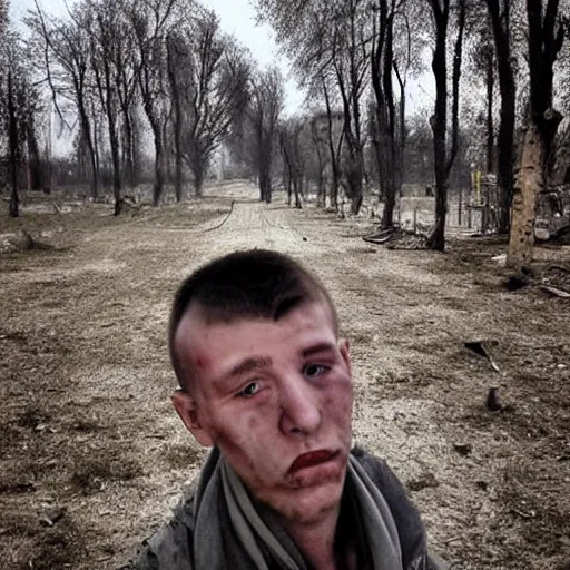 Image similar to the last selfies taken in ukraine after the nuclear war, the terrible terrible mutilations