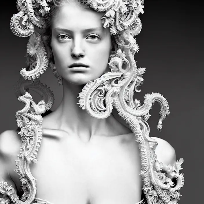 Image similar to photo portrait of a beautiful woman like a queen-ethereal-angel, dressed in long elegant intricate ornamental baroque white dress, intricate fractal highly detailed baroque ornament in the upper side of breast, bust with a very long neck , elegant, highly detailed intricate baroque ornament in her hair, Realistic, Refined, Highly Detailed, Cinematic cold Lighting, fine art photography by Paolo Roversi, volumetric studio lighting, hyper realistic photography