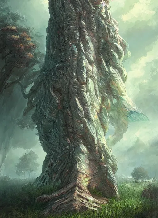 Prompt: a petrified tree that is an ancient cylindrical multitiered tower rising from a rolling grassland, fantasy digital painting, stunning intricate details, artwork by ross tran, artgerm