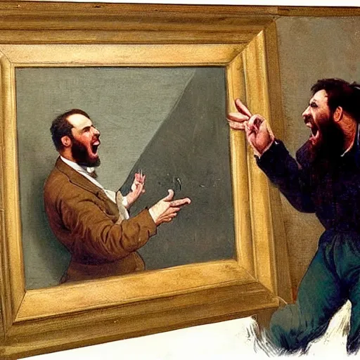 Image similar to an angry man yells at his computer monitor, oil on canvas, 1 8 8 3, highly detailed