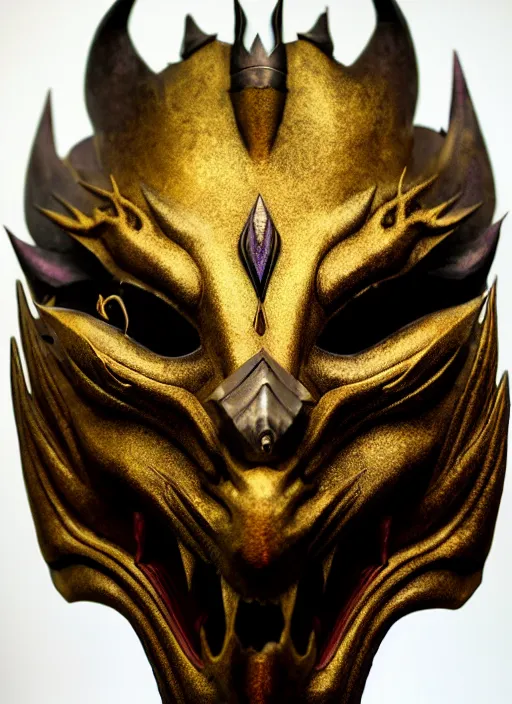 Prompt: samurai dragon mask, product photography, fantasy, highly detailed, comic book, shimmering, wlop, prism highlights, concept art, digital art, symmetrical features, golden-ratio, canvas, Wangechi Mutu, artstation, rule of thirds