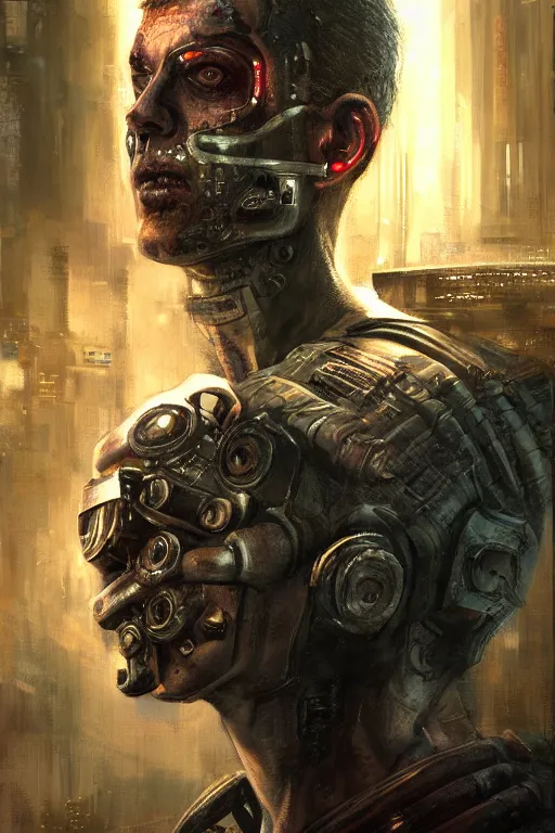 Image similar to illustration of an male cyberpunk character wearing bionic implants, criminal mugshot, gritty, gritty, highly detailed, oil on canvas, soft lighting, pastel colors, by WLOP and Greg Staples, HD, 4K