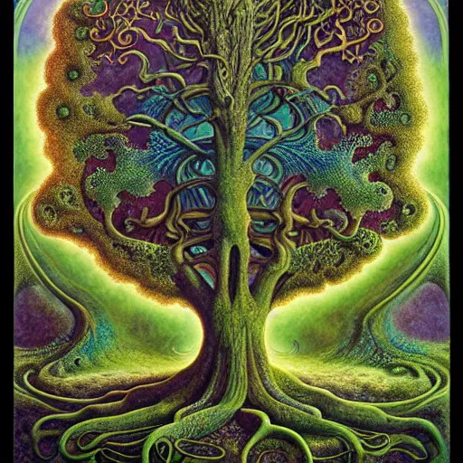 Image similar to sacred ancient ancestral mulberry tree by roger dean and andrew ferez, art forms of nature by ernst haeckel, divine chaos engine, symbolist, visionary, art nouveau, botanical fractal structures, tree of life, lightning bolts, heimat, detailed, realistic, surreality