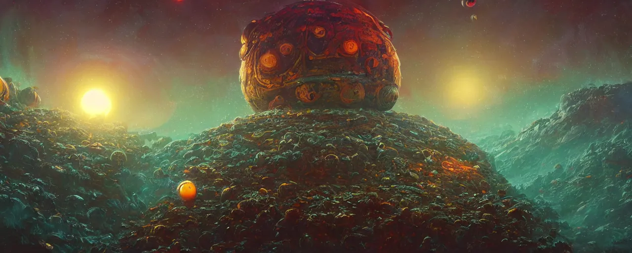 Image similar to ” outer planet with strange and mysterious eggs and larvae, [ art by paul lehr, cinematic, detailed, epic, widescreen, opening, establishing, mattepainting, photorealistic, realistic textures, octane render ] ”