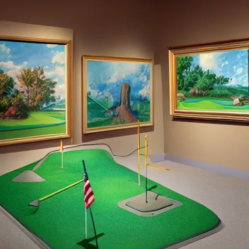 Prompt: mini - golf course in a museum, painting, gouache, james gurney, light, game design, concept art, illustration