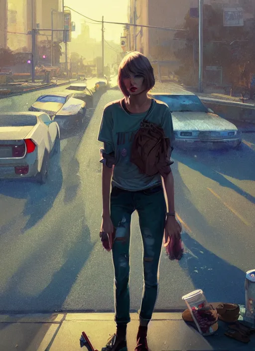 Prompt: Highly detailed full-body portrait of homeless Taylor Swift, in GTA V, Stephen Bliss, unreal engine, fantasy art by Greg Rutkowski, Loish, Rhads, Makoto Shinkai and Lois van baarle, ilya kuvshinov, rossdraws, Tom Bagshaw global illumination, radiant light, detailed and intricate environment