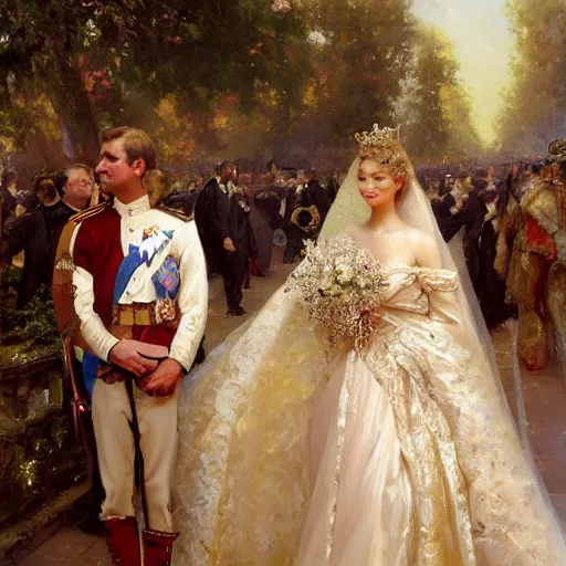 Image similar to detailed painting of prince william marrying attractive gigi hadid, highly detailed painting by gaston bussiere, craig mullins, j. c. leyendecker 8 k, 4 k, smiling couple, royal painting, human face, watercolor