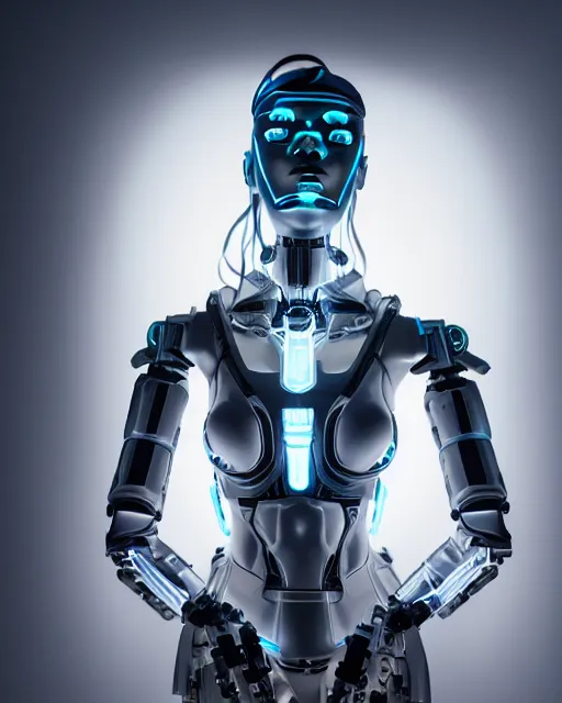Image similar to creative photo of female dancer as a cyberpunk mecha humanoid robotic head shoulder parts with linear bright led lights, inside white room, ultra - realistic and detailed, 8 k