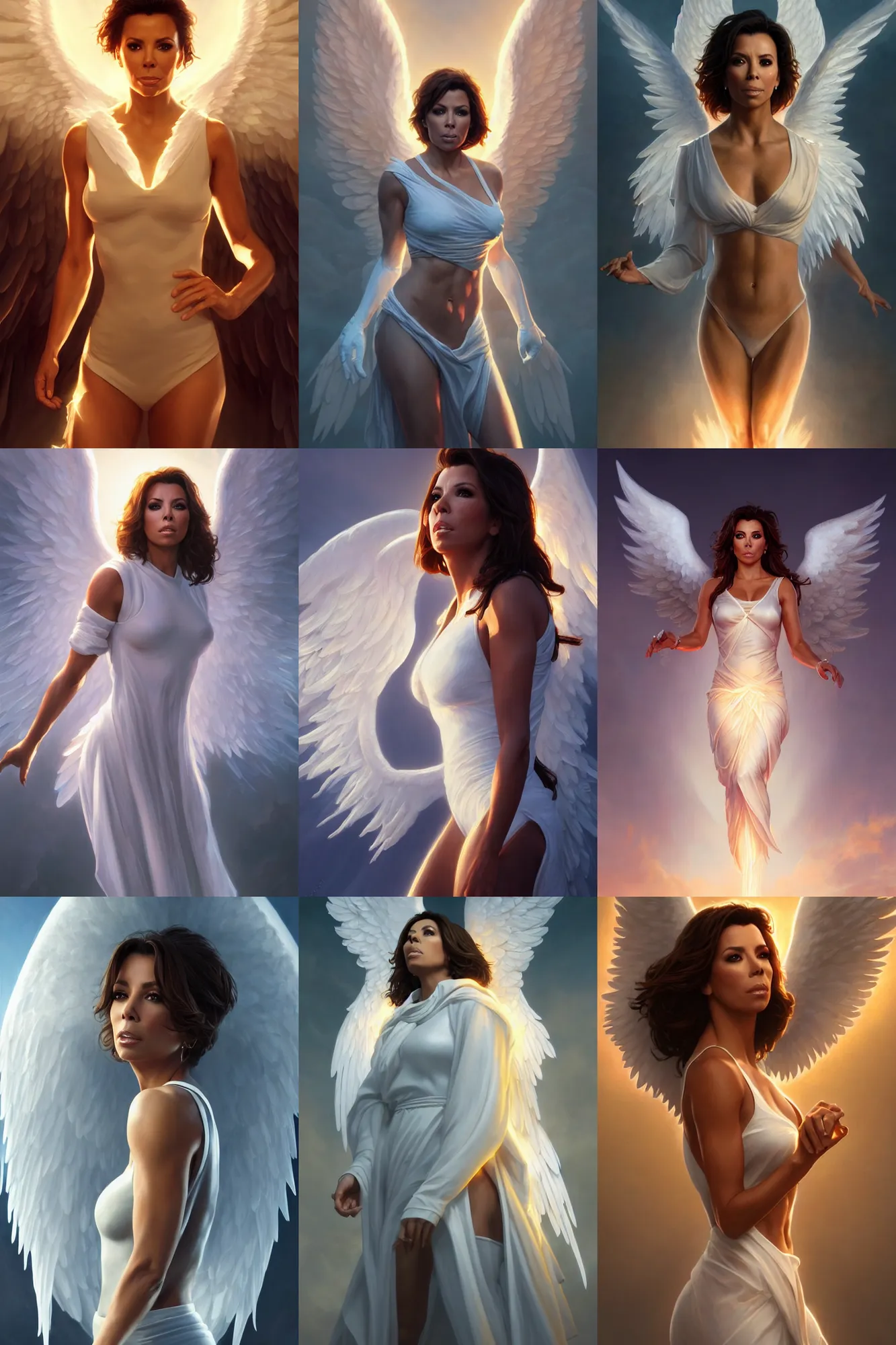 Prompt: eva longoria as a heavenly angel, anatomy, bathed in light, highly detailed, photorealistic, artstation, smooth, sharp focus, illustration, unreal engine 5, 8 k, art by artgerm and greg rutkowski and edgar maxence